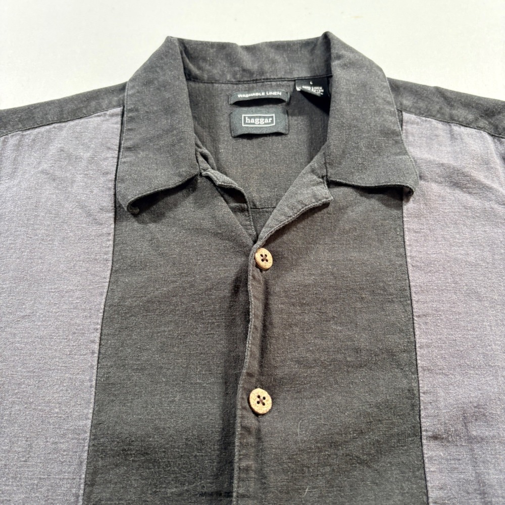 Haggar Button Down‎ Shirt Mens Large Grey Linen Blend Short Sleeve Bowling Camp